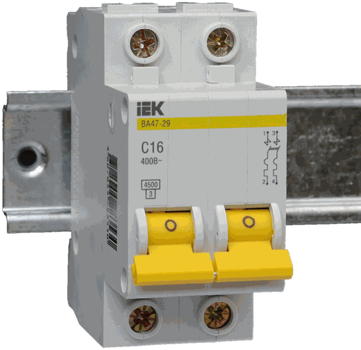 A two-pole miniature circuit breaker mounted on DIN rail