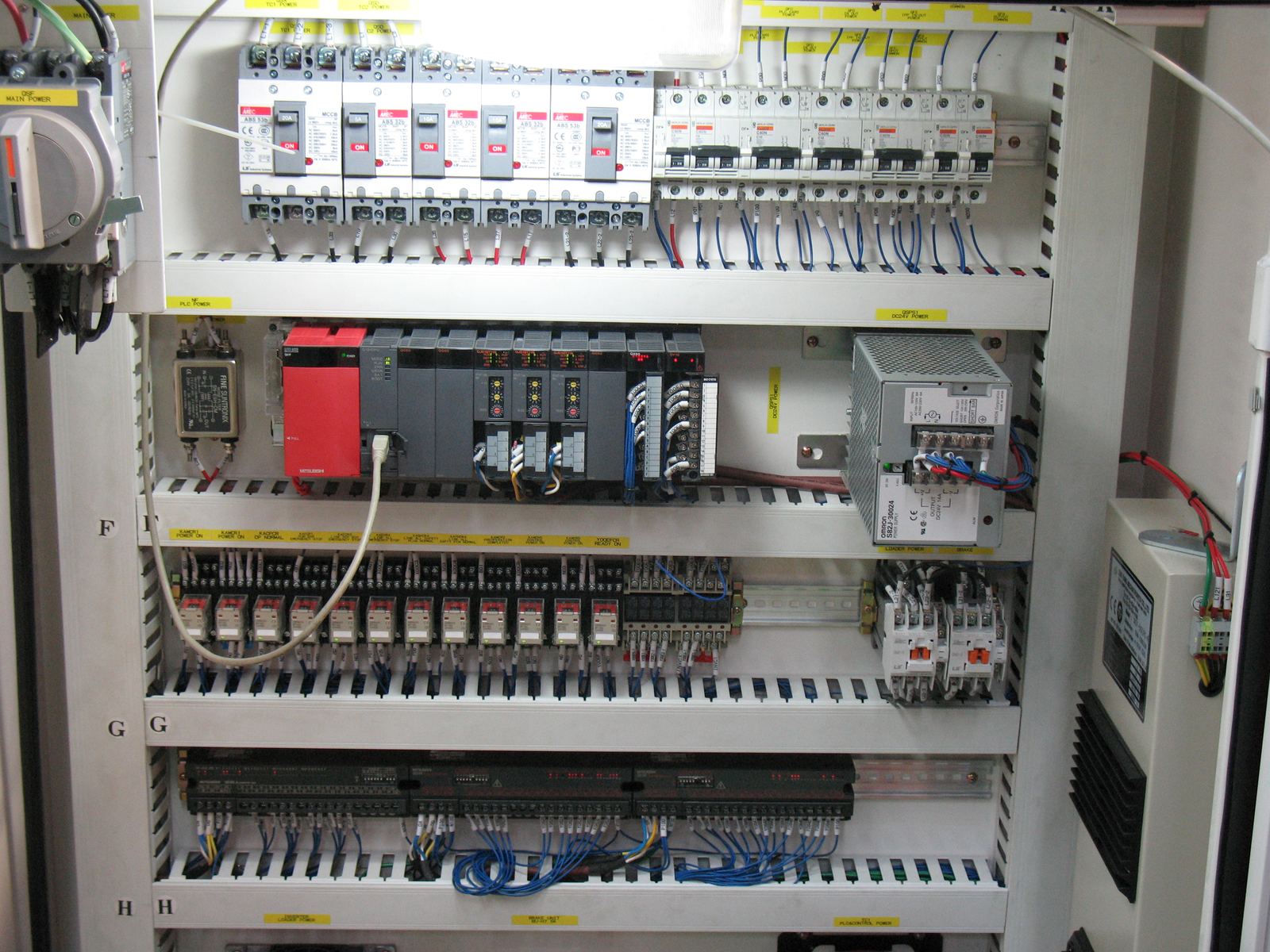 An open PLC control panel showing a rack of Mitsubishi programmable logic controller modules